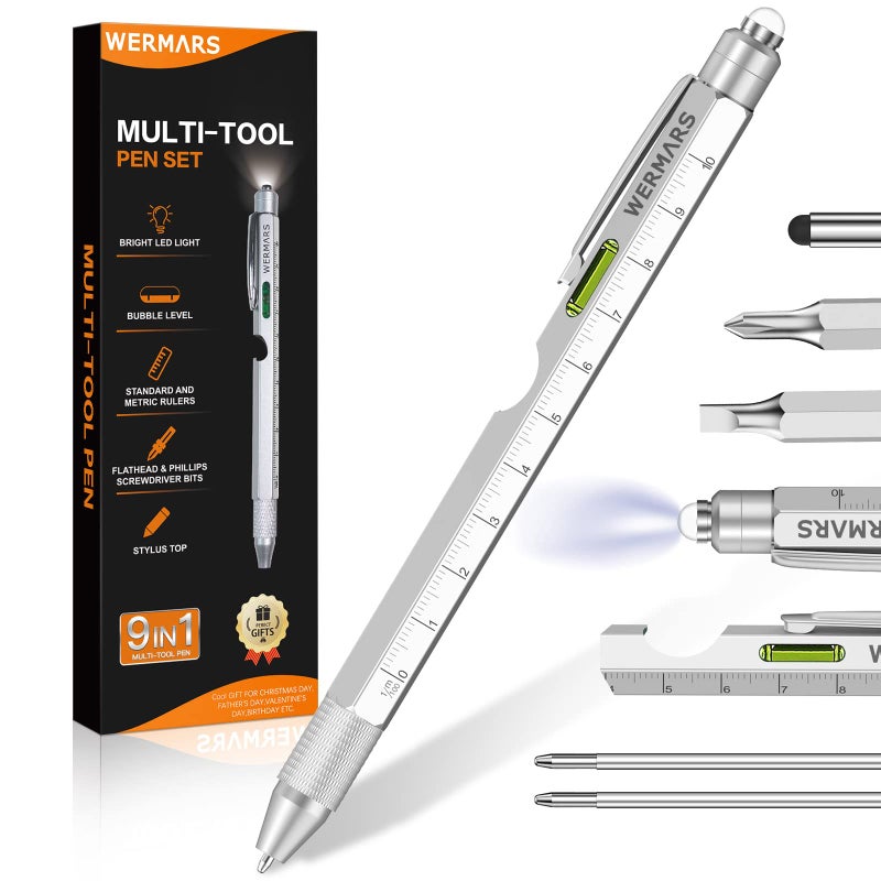 WERMARS Stocking Stuffers for Adults- Gifts for Men  9 in 1 Multitool Pen  Christmas Gift for Dad  Gifts for Him  Tool Gifts for Dad from Kids  Gifts for Husband  Boyfriend  Grandpa(Silver) - Image 1